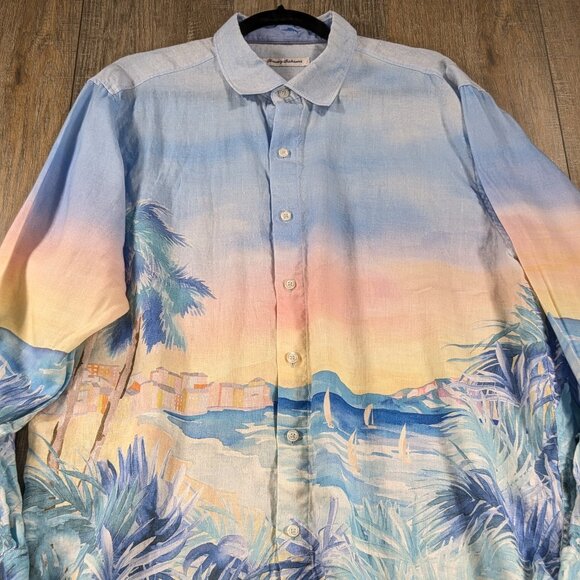 Tommy Bahama Shirt Mens Large Beach All Over Print 100% Linen Long Sleeve Button